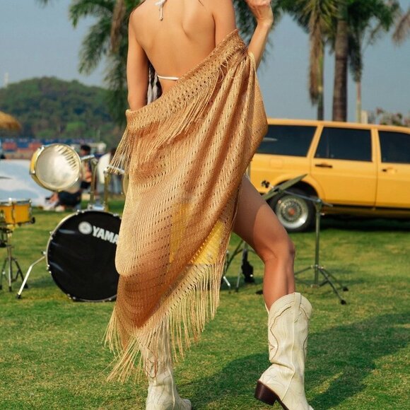 Gold Hollow Out Fringe Trim Batwing Sleeve Kimono - Picture 4 of 5